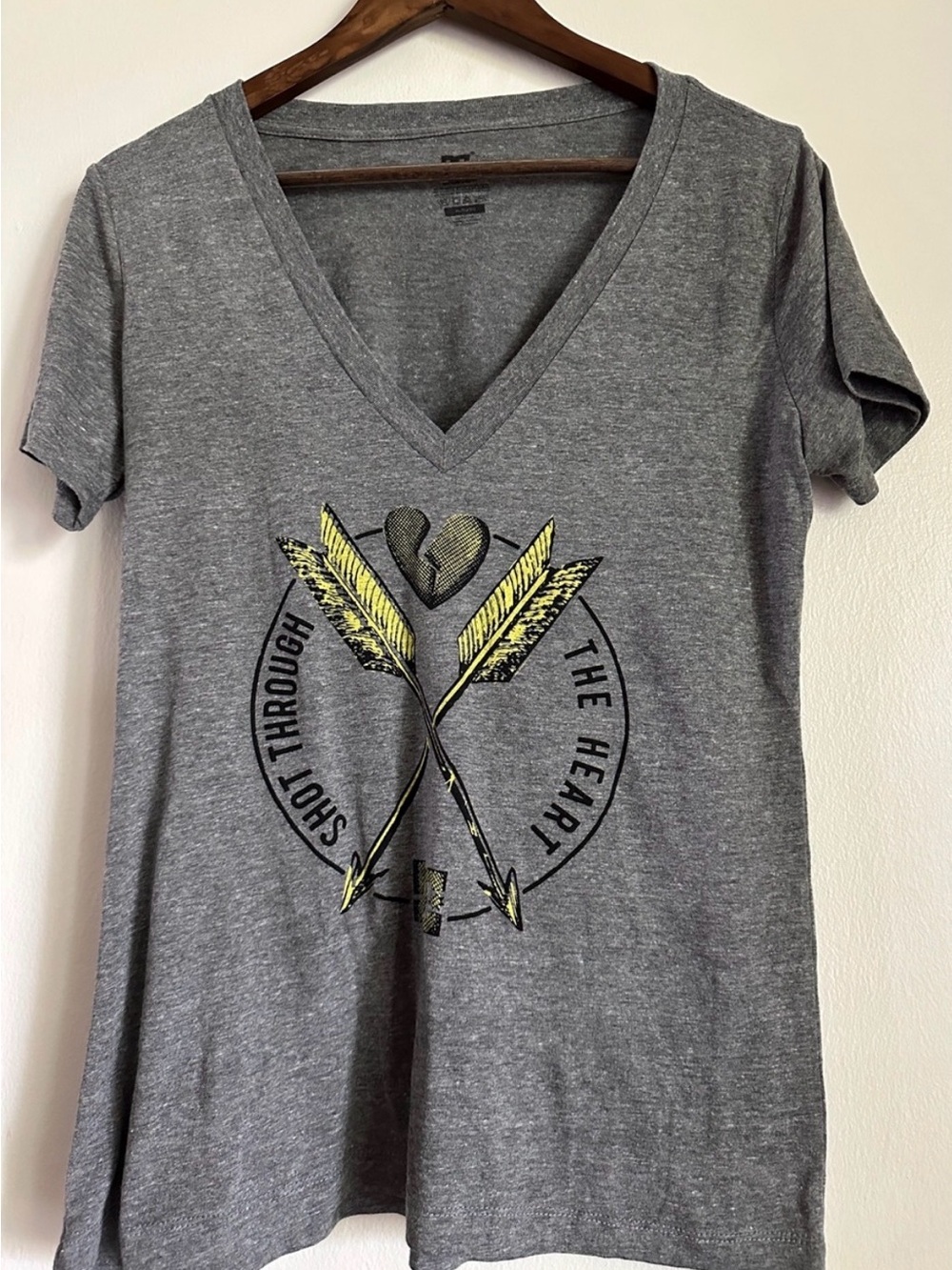 DC Women’s Grey V-Neck Tee with Yellow Arrow Graphic